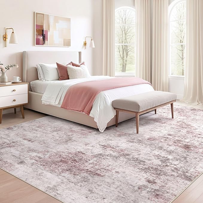 7x9 Area Rug Living Room Rugs - Washable Neutral Modern Abstract Soft Thin Large Rug Indoor Floor No Slip Rug Carpet for Bedroom Under Dining Table Home Office Decor - Pink