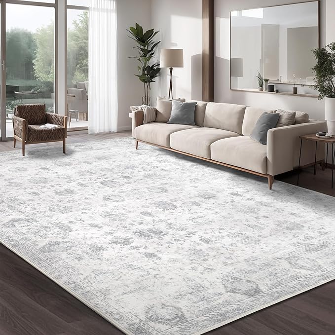 Washable 10×14 Area Rug for Living Room, Vintage Floral Rug Soft Non Slip Stain Resistant Boho Carpet for Bedroom Dinning Room Kitchen Home Office Grey