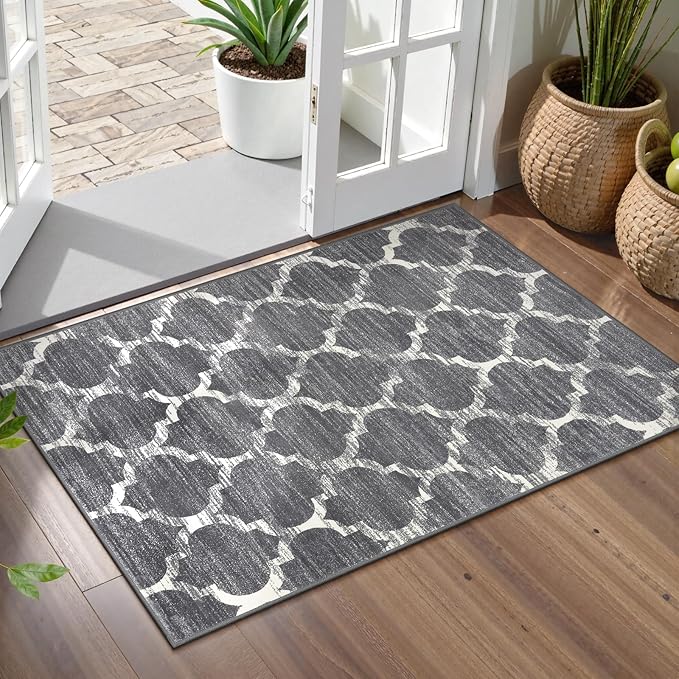 Lahome Moroccan Washable Entry Rug - 2x3 Small Throw Kitchen Rugs Non-Slip Soft Area Rugs for Bedroom Grey Distressed Bathroom Mats Indoor Doormat Carpet for Entryway Laundry Room Living Room Bedside