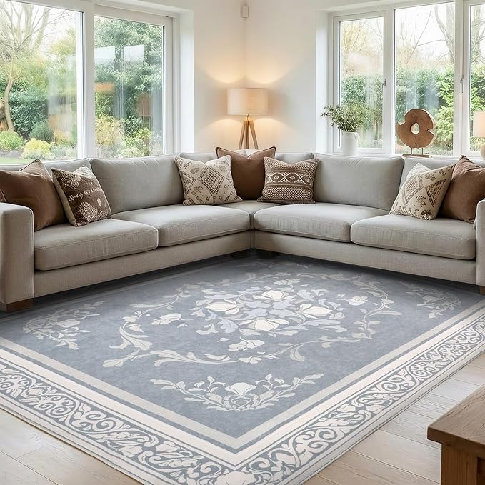 SOULFUL Medium Pile 8x10 Rugs for Living Room - Cozy Soft Underfoot Large Area Rug - Greige Boho Floral - Washable Non-Slip - Perfect for Bedroom Kids Room Under Dining Table Office