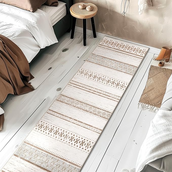 BESTSWEETIE 2x8 Area Rugs for Living Room Washable Moroccan Farmhouse Neutral Geometric Low Pile Non-Slip Soft Print Pattern Rug for Bedroom Kitchen Dining Room Entryway Cream/Brown/Pink