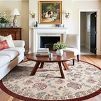 jinchan Elora 8ft Floral Round Rug for Dining Room Washable Living Room Rug Vintage Romance Design Non Slip Indoor Floor Cover Lightweight Low-Profile Throw Carpet for Bedroom Porch Patio, Red/Beige