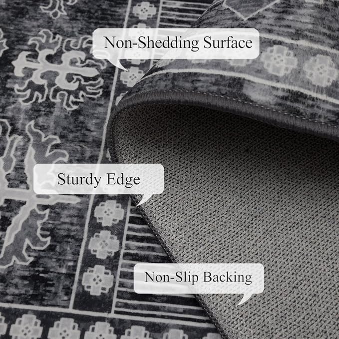 4x6 Washable Area Rug for Living Room, Carpet for Bedroom, Soft Faux Wool Retro Dining Room Rug, Non Slip&Non-Shedding Resistant Low Pile Vintage Print Rug for Home Office (Grey)