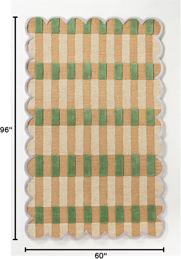 Hand-Tufted Wool Rug with Scalloped Edges, Light Blue Plaid Pattern, Cozy Soft Area Rug for Living Room, Bedroom, and Nursery, Handmade Modern Accent Rug (Green, 6X8 FEET)