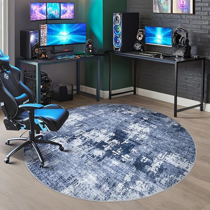 6ft Round Area Rug Living Room Rugs - 6x6 Washable Large Soft Indoor Neutral Modern Abstract Low Pile Rug Carpet for Bedroom Dining Room Farmhouse Home Office - Navy Blue