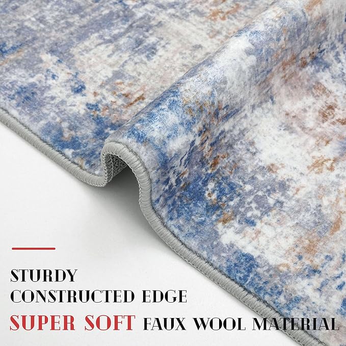 Modern Abstract Runner Rug for Bedroom 2x7, Grey Blue Orange Multi Washable Kitchen Runner, Non-Slip Soft Thin Faux Wool Mat for Entryway, Hallway, Laundry Room Indoor
