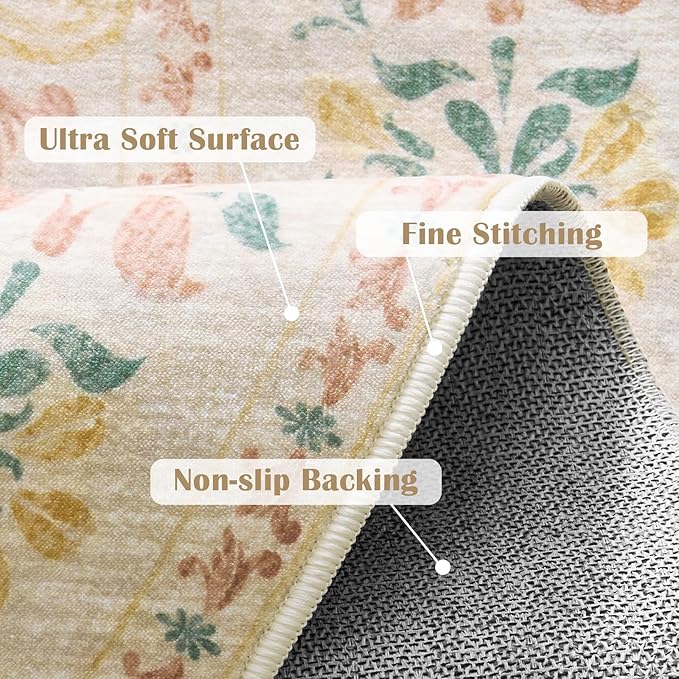 jinchan Round Rug 4ft Area Rug Vintage Floral Distressed Design Machine Washable Soft Non-Slip Low-Pile Ultra-Thin Circle Rug for Entryway Bedside Living Room Kitchen Nursery (4' Round, Apricot Multi)