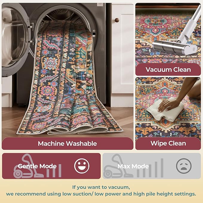 Kokia 9x12 Washable Black and Pink Area Rugs with Vintage Orient Design, Soft Rug for Living Room or Bedroom, Non-Slip Low Pile Stain Resistance Features, Distressed Medallion Pattern