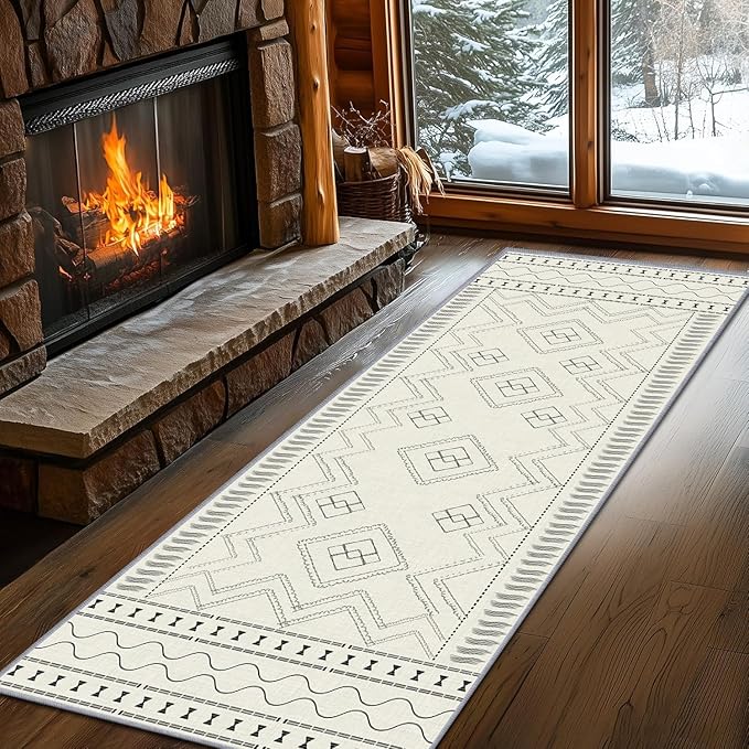 Beige White Runner Rug, 2x10ft Black Geometric Square Pattern Hallway Decor Rug - Modern Home Corridor & Foyer Accent Carpet, Non-Slip Mat Washable Rugs, Stylish Carpet for Hallway Spaces