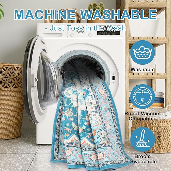 WILLSUN Washable Area Rugs, 2x3 Non-Slip Boho Small Area Rugs for Entryway, Kitchen, Bathroom, Machine Washable Vintage Rug, Indoor Floral Print Carpet for Home Decor, Kid & Pet Friendly Mat