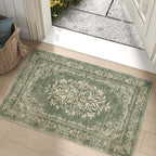jinchan Green Floral 2x3 Rug for Entryway - Vintage Washable Area Rug Ultra-Thin Low Pile Soft Small Non Slip Distressed Doormat for Entrance Kitchen Bathroom Bedroom (2x3ft,Dark Green)