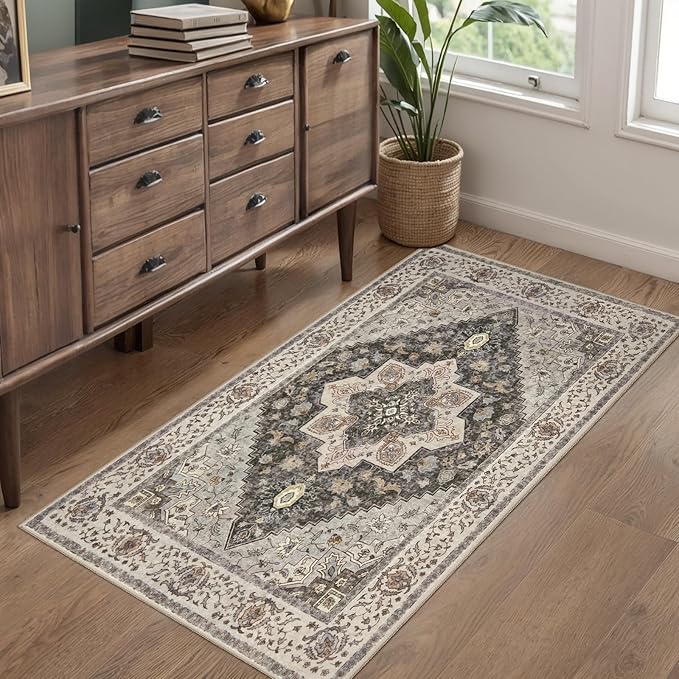 Kitchen Rugs 2x4 Washable Rug for Entryway Vintage Non Slip Small Rugs Front Door Mat Indoor Entrance, Print Distressed Throw Rug Grey Soft Low Pile Rugs Small Carpet for Entry Bedroom Bathroom