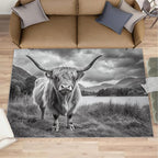 Highland Cattle Rugs for Bedroom - 5x7 Area Rug - Black White Highland Cattle Rugs for Living Room, 3D Natural Landscape Rug, Non-Slip Washable Home Decor Carpet