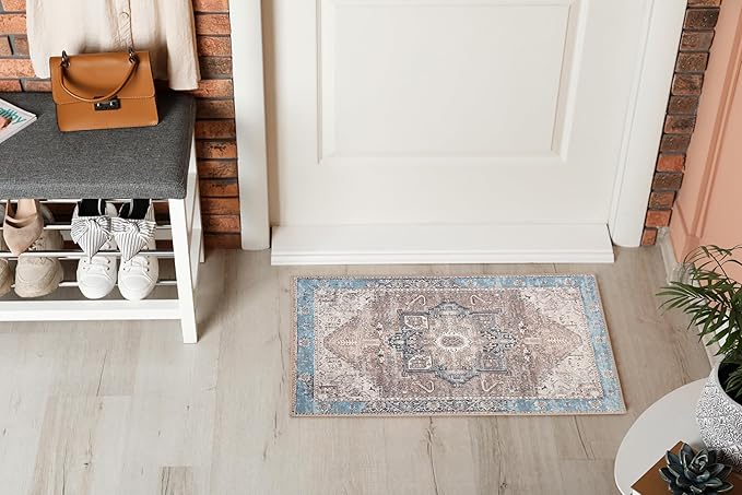 GLN Rugs Traditional Collection - Machine Washable Area Rug, Traditional Washable, Non Slip, Low Pile Chenille Rug, Living Room, Bedroom, Kitchen Rug (2' x 3' Brown/Blue)
