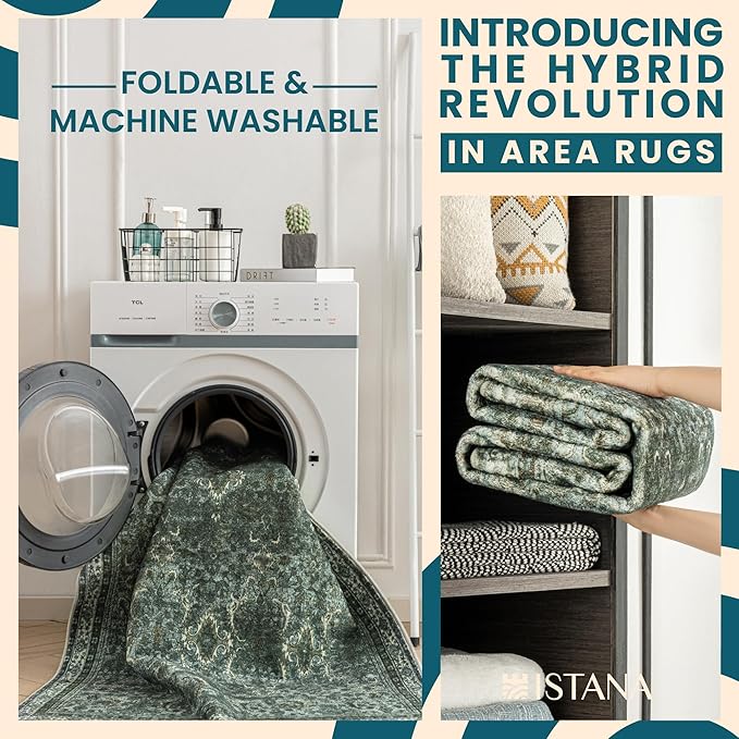 Istana 8x10 Area Rug - Dark Green 8x10 Rugs for Living Room - Foldable Rugs for Bedroom - Stain Resistant Washable Rug - Eco-Friendly Area Rugs - Easy to Clean Living Room Rug