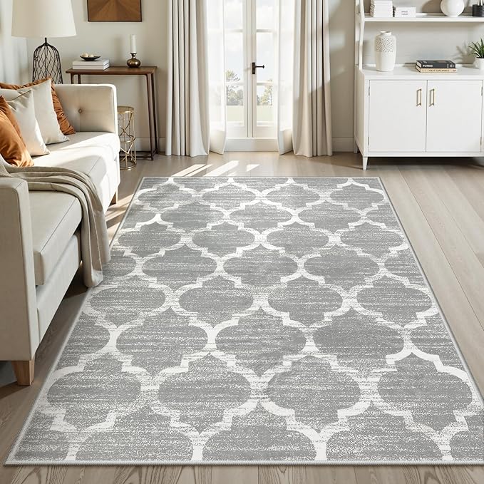Lahome Moroccan Washable Area Rug - 4x6 Non-Slip Rugs Soft Throw Bedroom Rugs Accent Distressed Faux Wool Floor Carpet for Living Room Entry Office Kitchen Dining Room Decor (4’ X 6’, Gray)