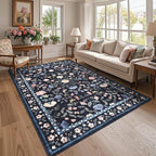 5x7 Washable Non-Slip Rug, Vintage Floral Area Rug for Living Room, Low Pile Farmhouse Distressed Carpet for Nursery Playroom Dorm Teens Office, Dark Grey Blue