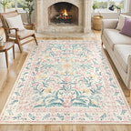 Lahome Pink Washable Rugs for Bedroom Girls 6x9, Boho Floral Living Room Rugs Non-Slip, Soft Low-Pile Nursery Carpet for Dining Room Kids Dorm Decor, Blush