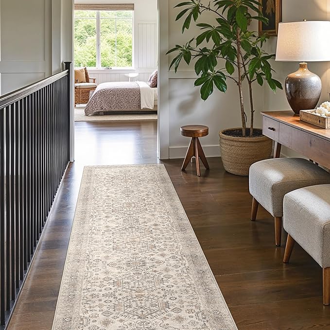 Bavni Washable Runner Rug 2’6”x10, Non Slip Vintage Hallway Runner, Ultra Thin Low Pile Washable Carpet for Kitchen Entryway Bedroom, Light Taupe Brown