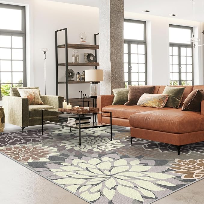 Colorful 5x8 Outdoor Area Rug Washable Multicolored Patio Rug Tropical Botanical Floral Chenille Waterproof Outdoor Carpet for Living Room, Deck, Backyard, Porch, Taupe