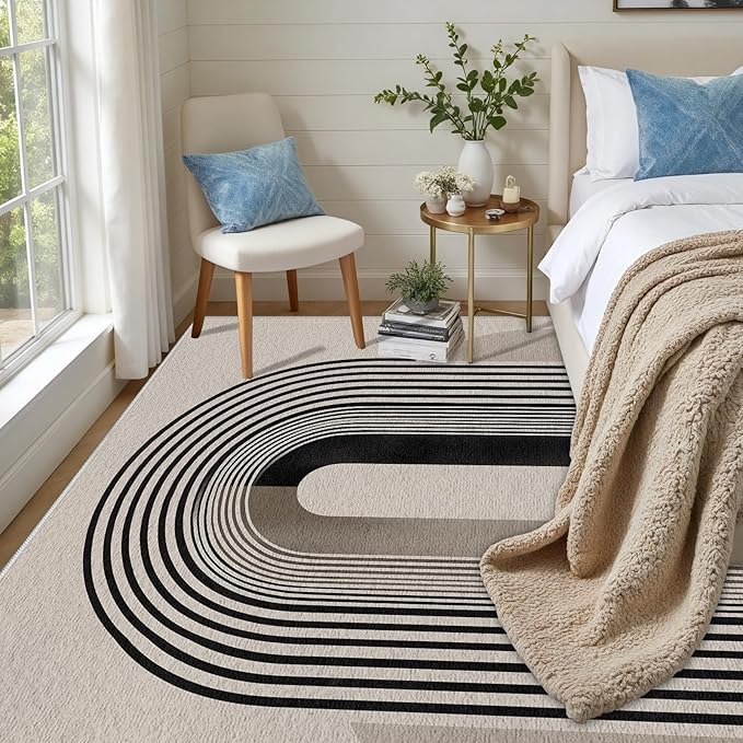 Modern Washable Rug for Living Room 7x9, Boho Abstract Striped Area Rugs, Soft Non Slip Low Pile Farmhouse Carpet for Bedroom Dining Room Kitchen, Stain Resistant, Pet Friendly, Beige Black