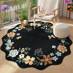 Lahome Floral Washable Round Rugs, Non-Slip Soft Round Rug 4ft Ultra-Thin, Small Boho Circle Carpet for Entryway Kitchen Bedroom Nursery Bathroom, Black/Grey