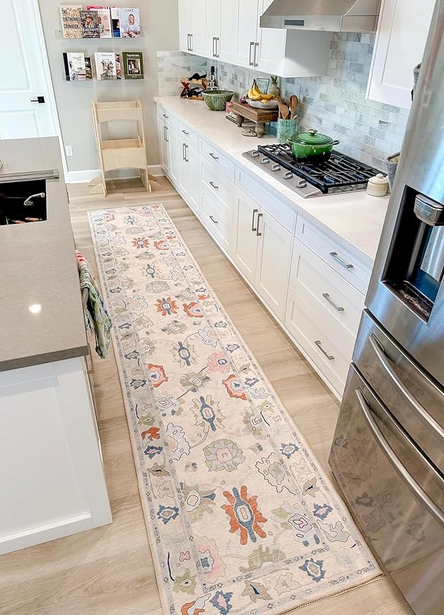 Fame Living Cream Oushak Runner Rug, Modern Runners, Vintage, Turkish, Eclectic, Floral, Pastel, Washable, Runner for Hallway, Kitchen, Bedroom, Bathroom, 2'5"x9'8"