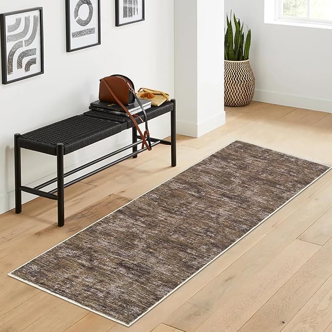 RUGSREAL Hallway Runner Rug 2.5x10 Long Kitchen Runner Rug with Rubber Backing Low Pile Stain Resistant Entryway Carpet Washable Modern Solid Color Runner for Living Room Bedroom, Brown