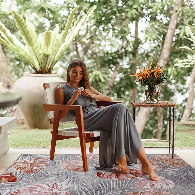 CAMILSON Indoor Outdoor Rug, Mult 10’x14’ Leaf Tropical Botanical Area Rugs for Indoor and Outdoor patios, Easy-Cleaning Non-Shedding Living Room, Garden and Kitchen Washable Outside Carpet (10x14)