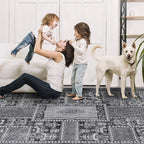Washable Area Rugs 8x10, Large Rugs for Living Room, Carpet for Bedroom, Soft Faux Wool Retro Dining Room Rug, Non-Slip Backing Resistant Low Pile Vintage Print Rug for Home Office (Grey)