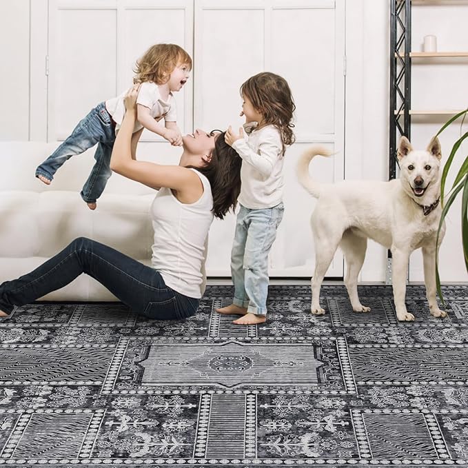 Washable Area Rugs 8x10, Large Rugs for Living Room, Carpet for Bedroom, Soft Faux Wool Retro Dining Room Rug, Non-Slip Backing Resistant Low Pile Vintage Print Rug for Home Office (Grey)