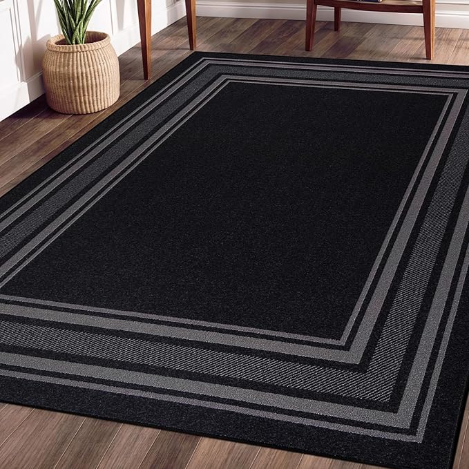 Beverly Rug Non Slip Area Rugs 8x10 Modern Bordered Non Skid Rubber Backing Soft Area Rug for Living Dining Room Easy to Clean Non Shedding Kitchen Bedroom Indoor Carpet 8 x 10 Black