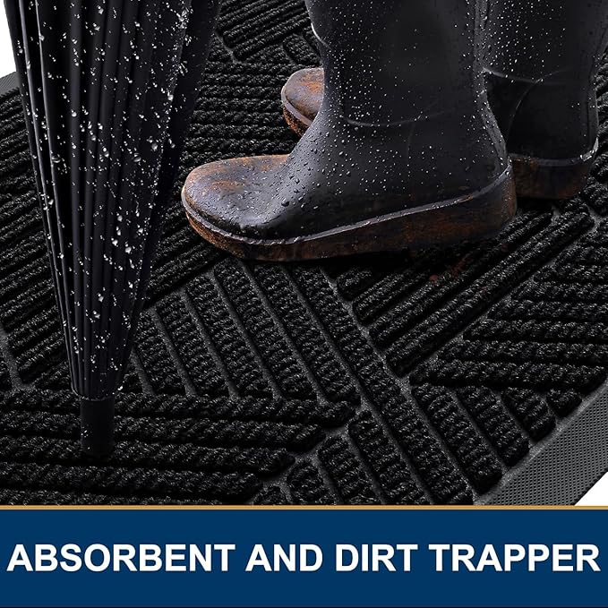 Kitinjoy Front Door Mat Outside Entrance, Sturdy Natural Dirt Trapper, Heavy Duty Rubber Doormat, Low Profile Non-Slip Backing, Easy Clean Floor Mat for Indoor Outdoor Entry, 29.5X17 Inch, Black