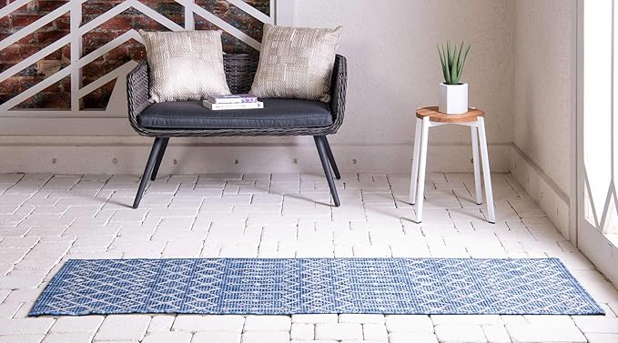 Unique Loom Outdoor Trellis Collection Area Rug - Tribal Trellis (2' x 8' Runner, Blue/ Ivory)