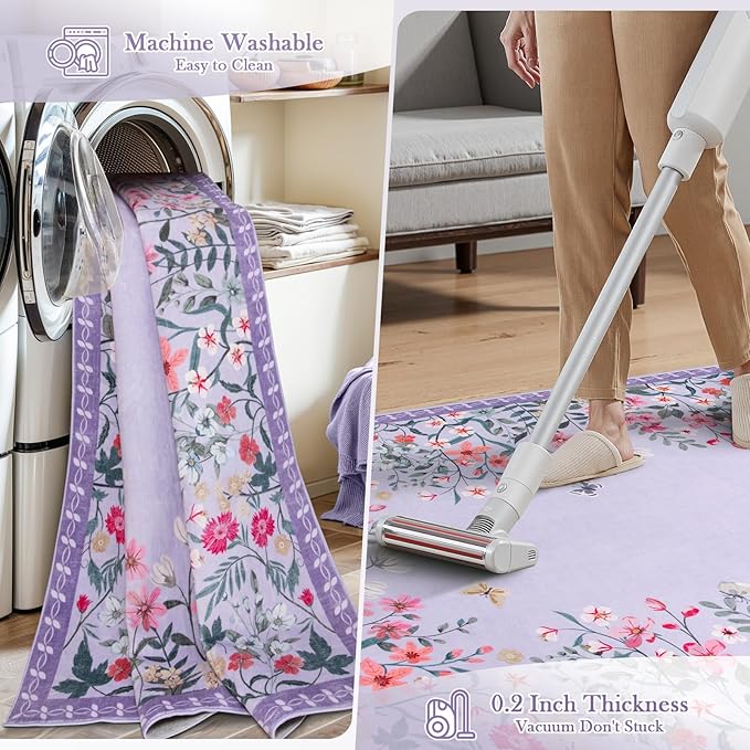 Wonnitar Washable 4x6 Rug, Purple Rugs for Girls Bedroom, Soft Non-Slip Nursery Area Rug, Floral Rug Kids Room Low Pile Throw Carpet for Dorm Decor (Purple,4'x6')