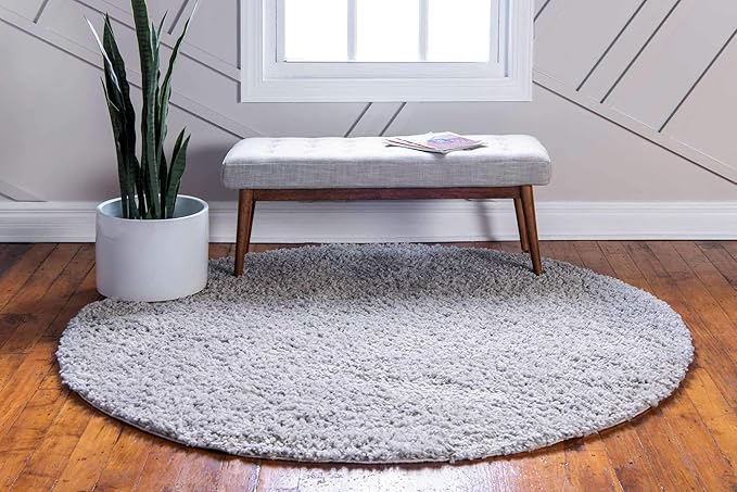 Unique Loom Davos Shag Collection Area Rug - Solid (5' 1" Round, Sterling)