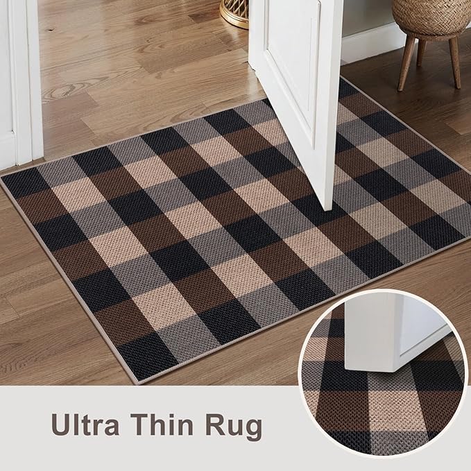 Tangsoo Checkered Easy Jute Runner Rug for Hallways,2x6 Washable Non-Slip Carpet Runner for Kitchen Bedroom Laundry Entryway Black Brown Indoor Outdoor Floor Mat