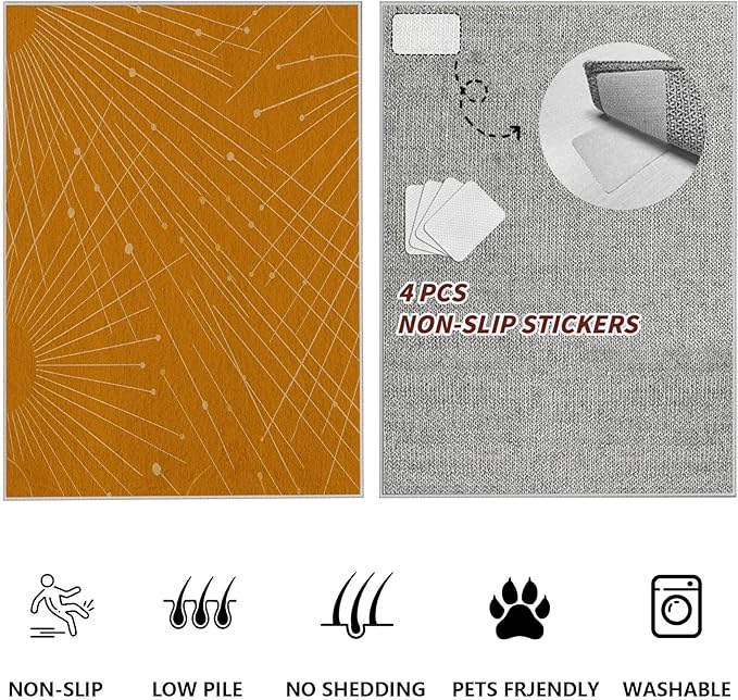 Modern Washable Area Rug 5x7, Boho Minimalist Non-Slip Rugs, Abstract Striped Soft Carpet for Living Room Bedroom Nursery Room Home Decor Office, Pet Friendly, Orange Beige