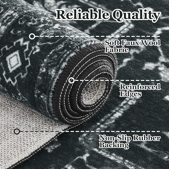 Vintage Dark Area Rugs 5x8, Non Slip Washable Rug for Living Room Bedroom, Medallion Distressed Printed Low Pile Thin Carpet Rugs for Dining Room/Kitchen/Home Office, Black and White
