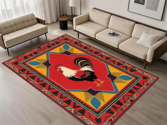 Country Rooster Rugs，3x5ft,Colorful Geometric Rooster Pattern Rug，Rooster Pattern Colorful Rug. Ethnic Vintage Design Non-Slip Washable Floor Mat for Living Room Bedroom Farmhouse Home Office
