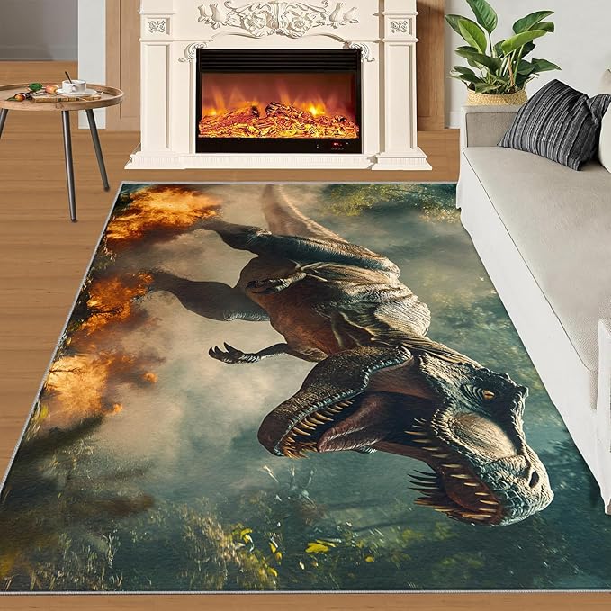 Dinosaurs Rugs for Bedroom - 4x6 Area Rug - Flame Dinosaurs Rugs for Living Room, Forest Landscape Rug, Washable Home Decor Carpet
