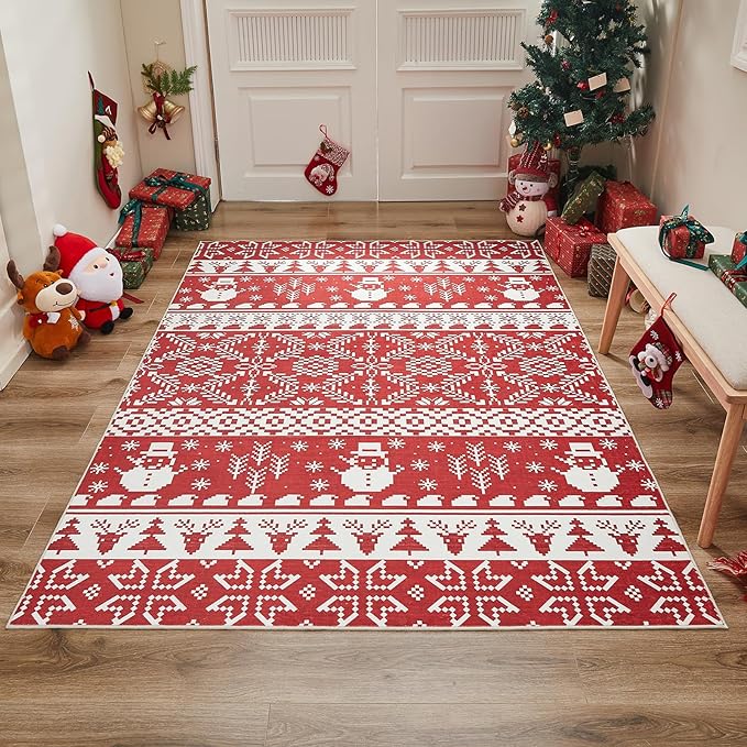 WITSHOCK Christmas Area Rugs for Living Room: 5x7 Stain Resistant Non-Slip Washable Red Snowflake Christmas Carpet, Soft Dining Room Bedroom Rugs, Indoor Decor for Home, Holiday