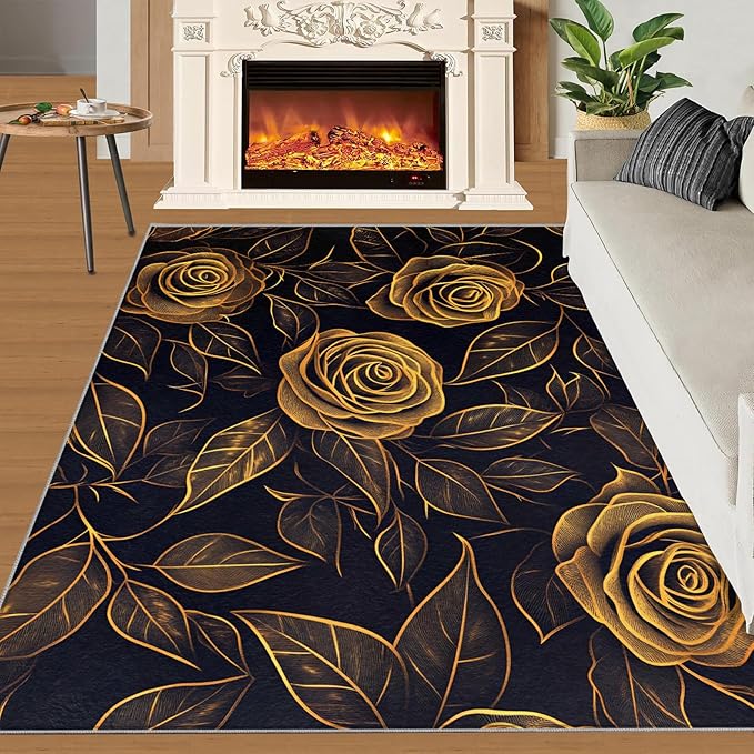 Rose Rugs for Bedroom - 5x7 Area Rug - Black Gold Flowers Rugs for Living Room, European Light Luxury Flowers Rug, Washable Home Decor Carpet