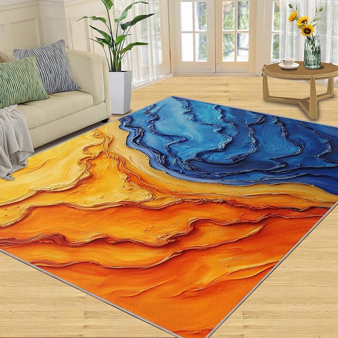 Navy Blue Rugs for Bedroom - 2x3 Area Rug - Abstract Blue Orange Rugs for Living Room, Modern Simple Art Rug, Washable Home Decor Carpet