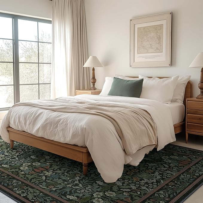 Bavni Floral Dark Green Area Rugs 6x9, Vintage Boho Carpet Machine Washable, Non Slip Soft Low Pile Thin Rug for Bedroom, Living Room, Dining Room, Nursery