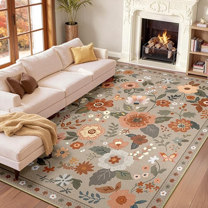 Floral 8x10 Area Rug Machine Washable Soft Print Boho Carpet Non Slip Doormat Low Pile Flower Area Rugs for Living Room Bedroom Nursery Kitchen Dining Room Indoor-Brown/Brick