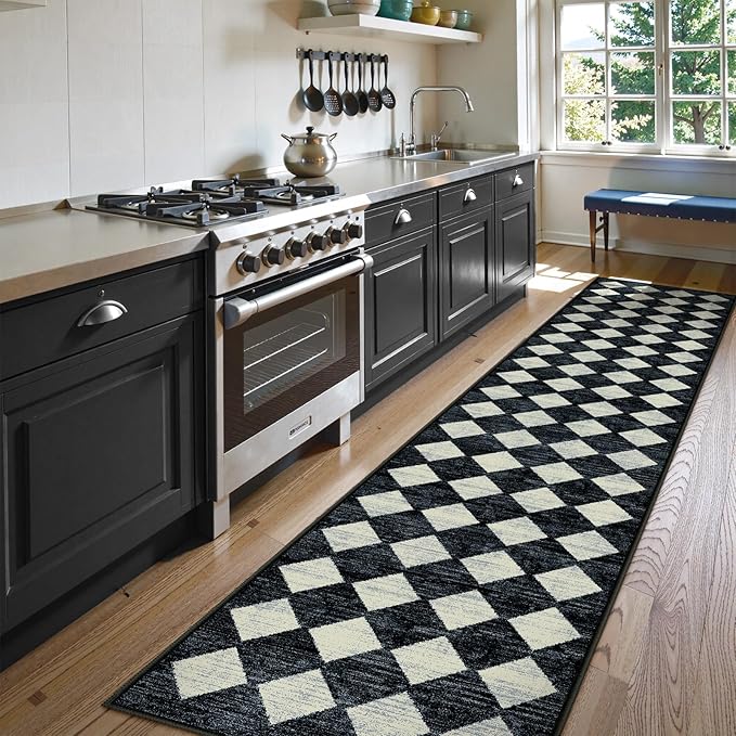 Lahome Checkered Washable 2x12 Runners for Hallways Non Slip, Black Kitchen Bathroom Runner Rugs, Modern Trellis Ultra-Thin Indoor Carpet Runner for Bedroom Dorm Classroom Decor (2'x12',Black)