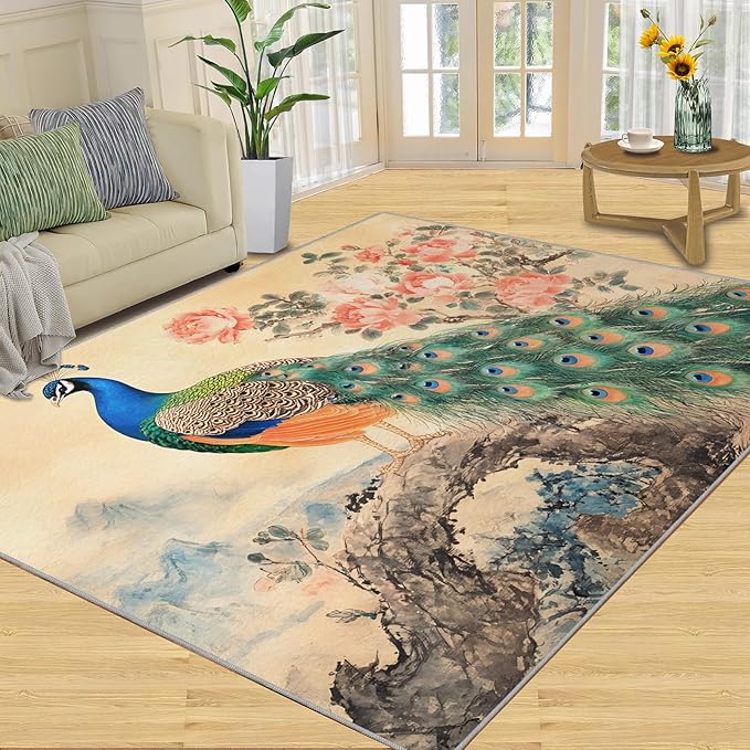Peacock Peony Flower Area Rug 4x6-4x6 Rug, Classic Peacock Peony Rugs for Living Room, Oriental Carpet, Floral Animal Washable Area Rugs for Bedroom, Aesthetics Carpet - Peafowl Home Decor & Gifts