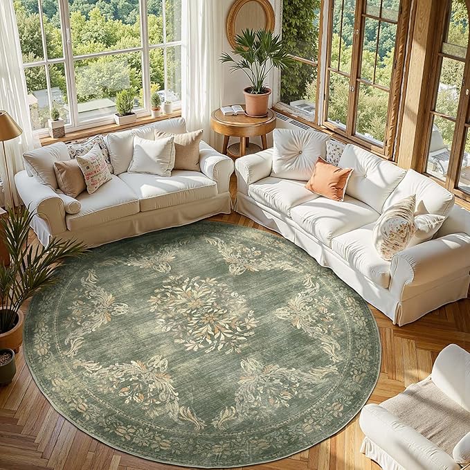 jinchan Round Rug 7ft Area Rugs,Vintage Floral Distressed Design Machine Washable Soft Non-Slip Low-Pile Ultra-Thin Circle Rug for Living Room Dining Room Bedroom Home Office (7' Round,Dark Green)