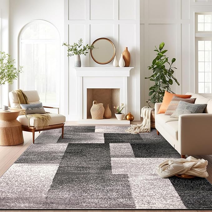 Rugshop Gray Large Modern Distressed Boxes Area Rug, Soft Stain-Resistant Pile for Living Room, Office and Dining Room, 8' x 10'